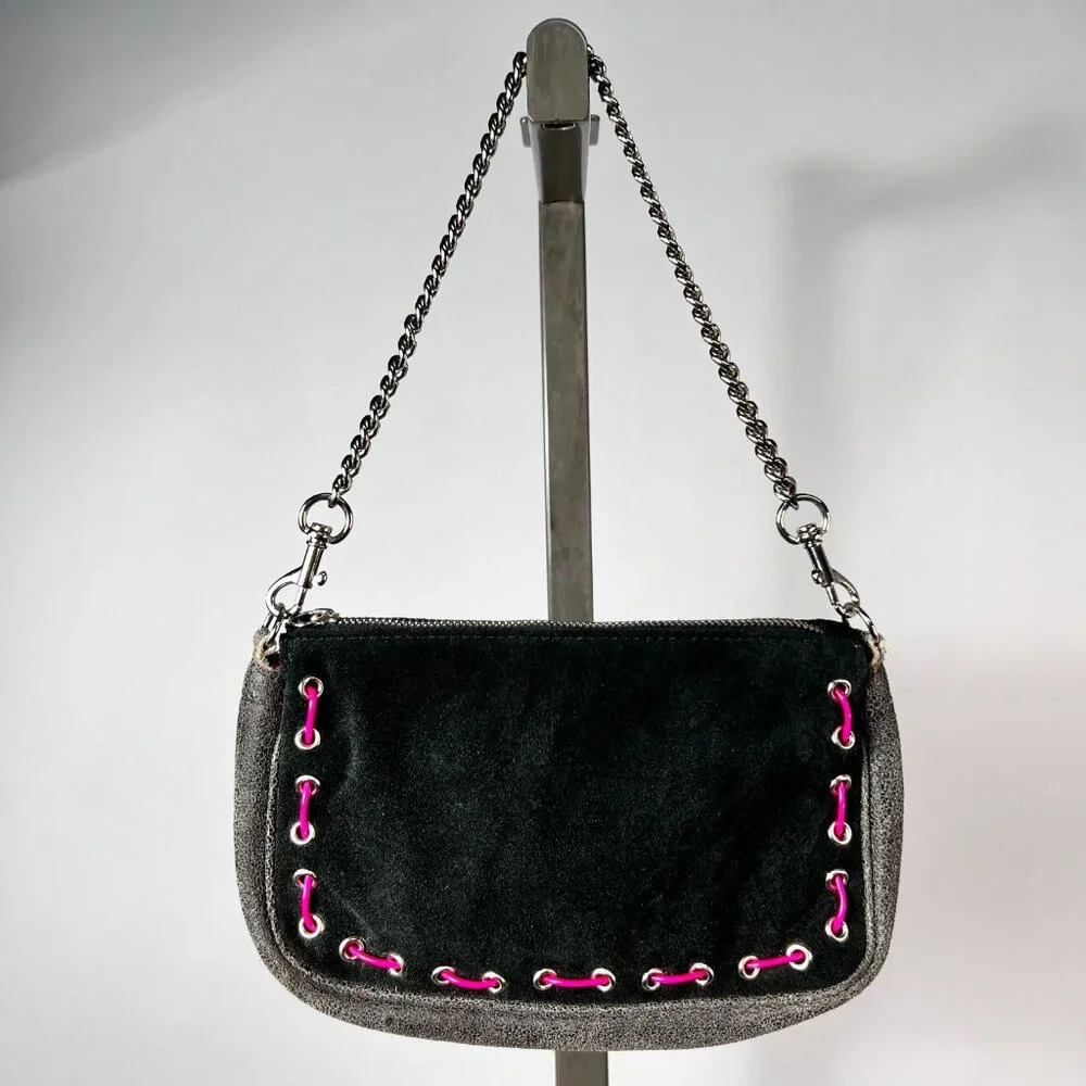 2ENLIGHT10 by REGINE BASHA Black Suede and Stressed Leather Light Up Chain Purse